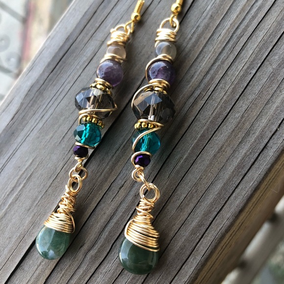 Handmade Celtic Moonstone Amethyst Gemstone Beaded Dangle Earrings - Picture 11 of 12